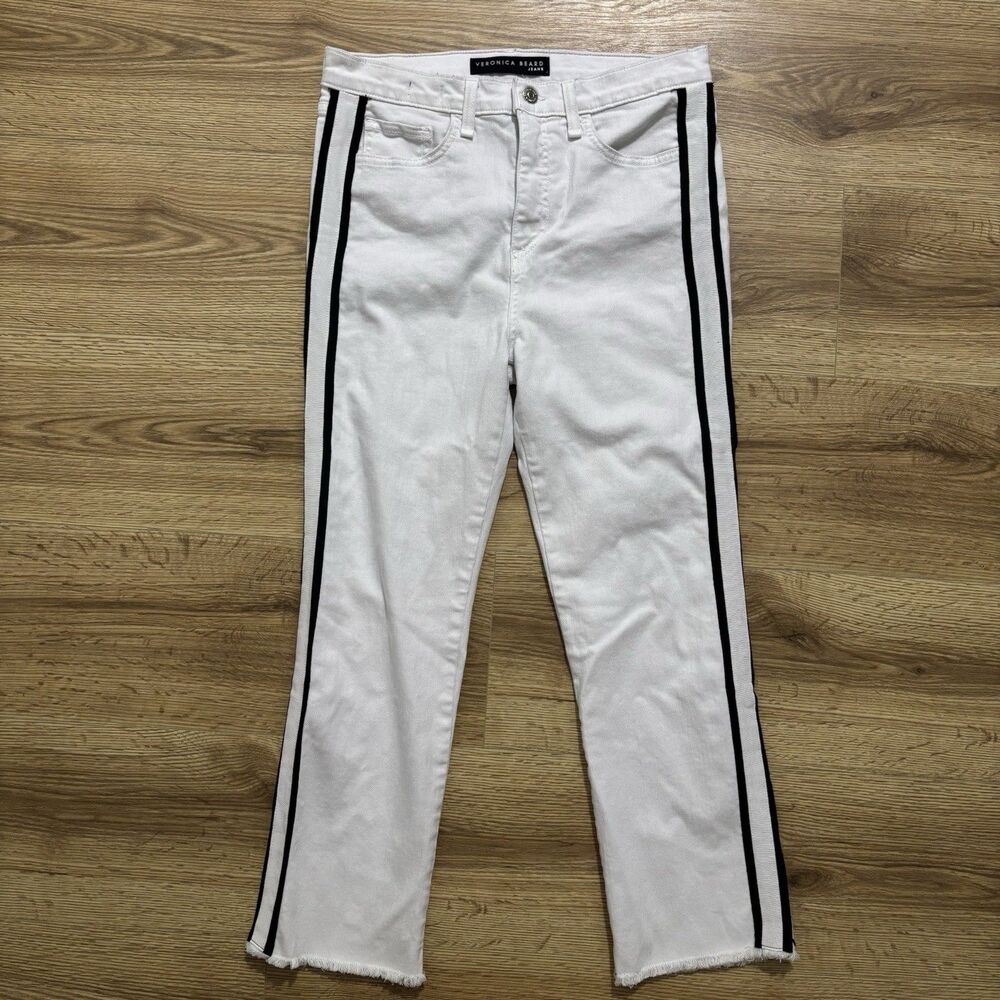 Veronica Beard Carly 11" Kick Flare Jeans Sz 28 White Tuxedo Stripe Stretch READ